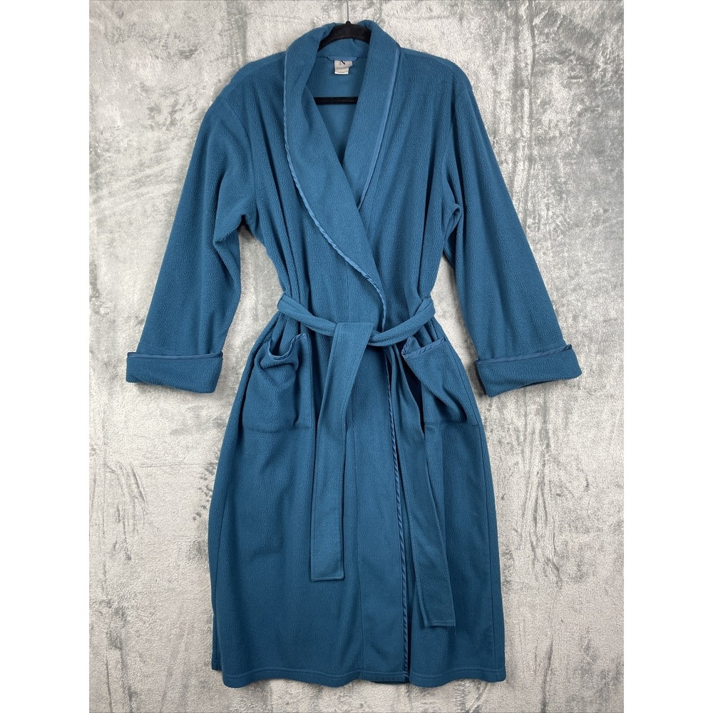 Natori Robe Womens Large Blue Long Loungewear Quiet Luxury Cozy Belted Pockets